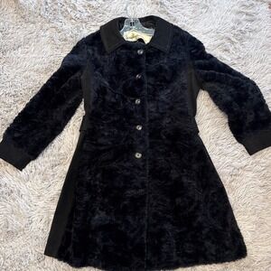 Vintage Winkelmans Borg Deep Pile Faux Fur Coat Black Button Belted Womens 10
